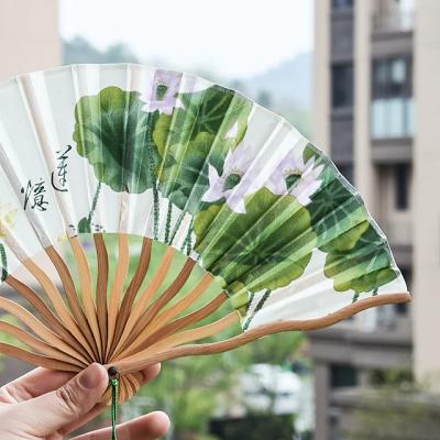 Folding Fan Lotus Green Silk Curved Japanese Ancient Style Bamboo Gift 