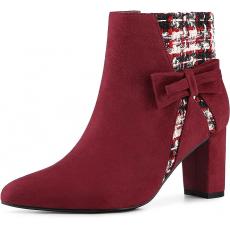 Wine red women's tweed plaid high heels boots