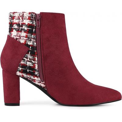 Wine red women's tweed plaid high heels boots